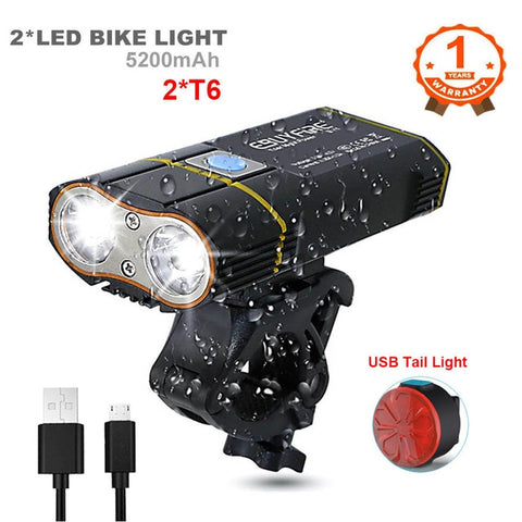 6000LM Bicycle Light 2x XML-L2 LED Bike Light With USB Rechargeable Battery Cycling Front Light +Handlebar Mount