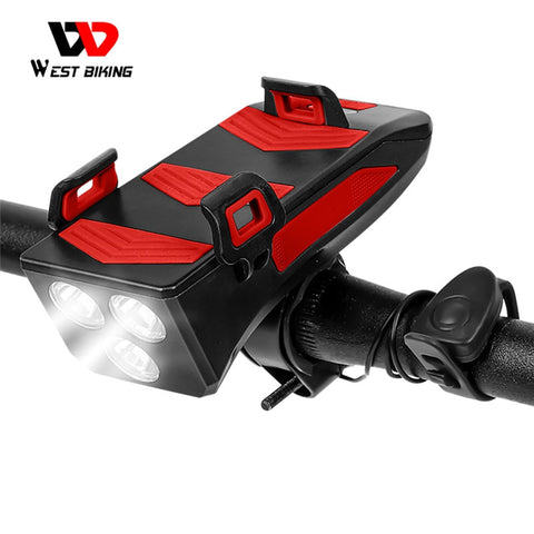 WEST BIKING Multifunction Bike Front Light Phone Holder Bicycle Bell Power Bank Bike Accessories 4 IN 1 Cycling Lamp Flashlight