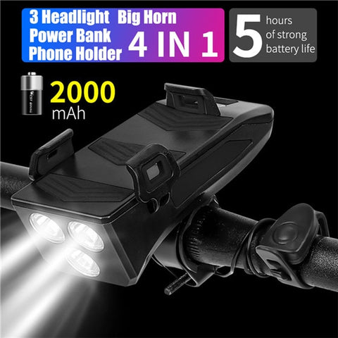 WEST BIKING Multifunction Bike Front Light Phone Holder Bicycle Bell Power Bank Bike Accessories 4 IN 1 Cycling Lamp Flashlight
