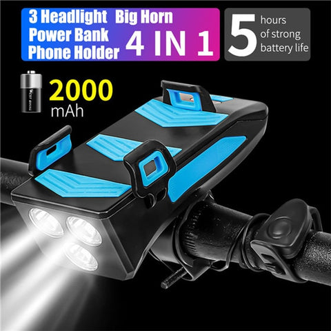 WEST BIKING Multifunction Bike Front Light Phone Holder Bicycle Bell Power Bank Bike Accessories 4 IN 1 Cycling Lamp Flashlight