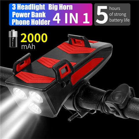 WEST BIKING Multifunction Bike Front Light Phone Holder Bicycle Bell Power Bank Bike Accessories 4 IN 1 Cycling Lamp Flashlight