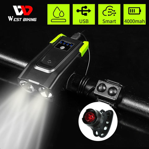 WEST BIKING Bike Light With Horn 800 Lumen LED Smart Induction Bicycle Front Lamp USB Rechargeable Safety Cycling Flashlight